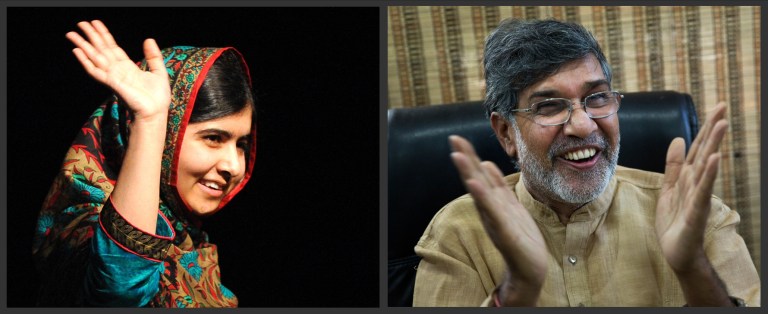 In this photo combo, Malala Yousafzai, left, and Kailash Satyarthi, address the media, on Friday, Oct. 10, 2014. Despite their many differences, 17-year-old Yousafzai and 60-year-old Satyarthi will be forever linked, co-winners of the 2014 Nobel Peace Prize, honored for risking their lives for the rights of children to education and to lives free of abuse. (AP Photo/Rui Vieira, Bernat Armangue)