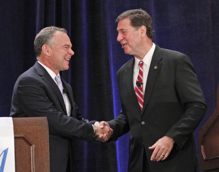 Former Virginia Gov. Timothy M. Kaine, left, and former US Senator George Allen, right, at a July debate. (AP Photo)