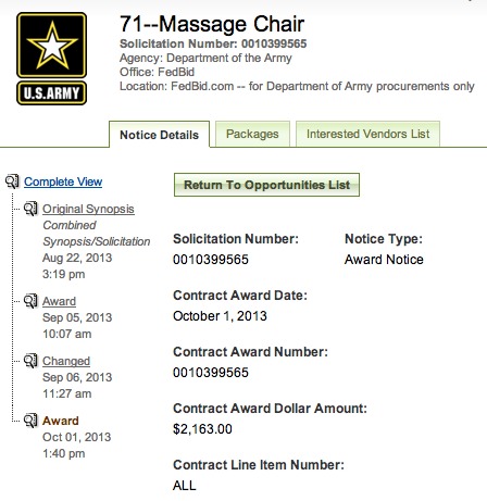 Despite Gov’t Shutdown, Army Awards $2,163 Contract for ‘Massage Chair’