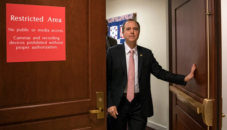 Rep. Adam Schiff, D-Calif., ranking member of the House Intelligence Committee, exits a secure area to speak to reporters as the GOP majority prepares to end its participation in the Russia probe, officially shutting down the panel's investigation, on Capitol Hill in Washington, Thursday, March 22, 2018.
