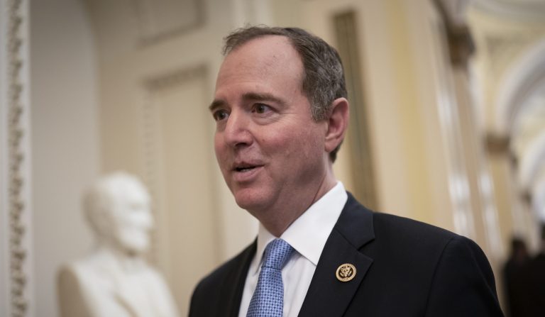House Intelligence Committee Chairman Adam Schiff, D-Calif., takes questions from reporters as lawmakers work to extend government surveillance powers that are expiring soon, on Capitol Hill in Washington, Tuesday, March 3, 2020.