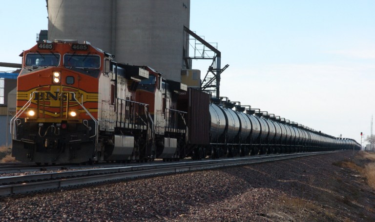A BNSF Railway train hauls crude oil west of Wolf Point, Mont. (AP/Matthew Brown)