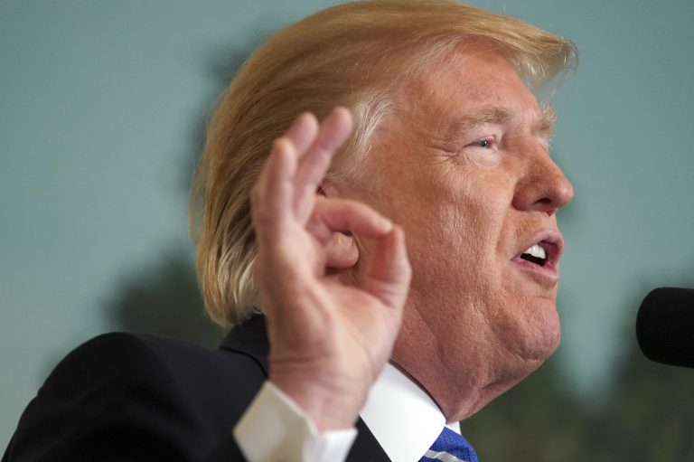 President Donald Trump speaks in the Diplomatic Reception Room of the White House, Wednesday, Nov. 15, 2017, in Washington, about his trip to Asia. (AP Photo/Pablo Martinez Monsivais)