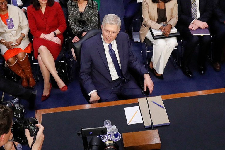Supreme Court Justice nominee Neil Gorsuch arrives on Capitol Hill in Washington, Monday, March 20, 2017, for his confirmation hearing before the Senate Judiciary Committee. (AP Photo/Pablo Martinez Monsivais)