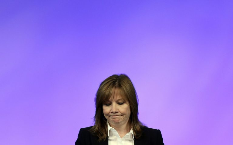 General Motors CEO Mary Barra addresses employees at the automaker's vehicle engineering center in Warren, Mich., Thursday, June 5, 2014. Barra said 15 employees have been fired and five others have been disciplined over the company's failure to disclose a defect with ignition switches that is now linked to at least 13 deaths. (AP Photo/Carlos Osorio)