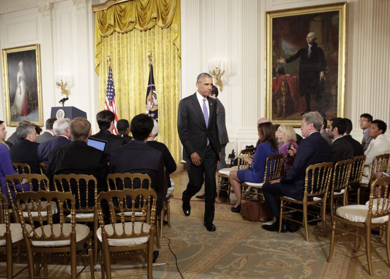 President Barack Obama leavest he East Room of the White House in Washington, Wednesday, July 15, 2015, following a news conference to discuss the Iran nuclear deal. (AP Photo/Pablo Martinez Monsivais)