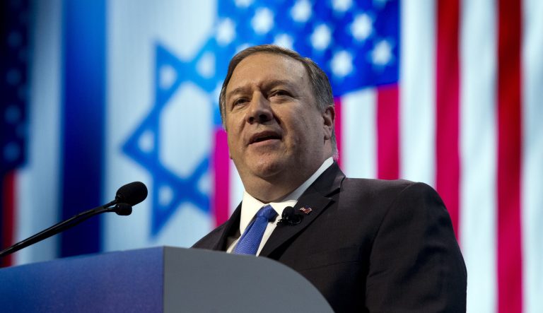 Secretary of State Mike Pompeo speaks at the 2019 American Israel Public Affairs Committee policy conference at Washington Convention Center in Washington, Monday, March 25, 2019.