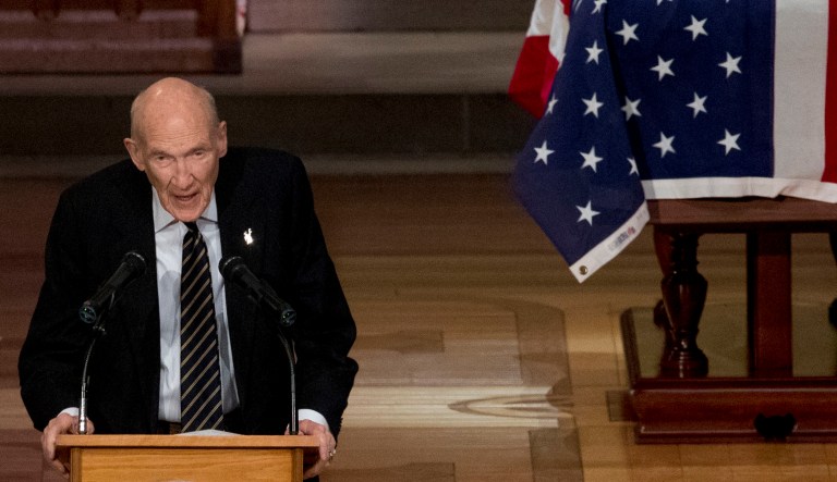 Former Sen. Alan Simpson, R-Wyo, speaks during the State Funeral for former President George H.W. Bush at the National Cathedral, Wednesday, Dec. 5, 2018, in Washington.