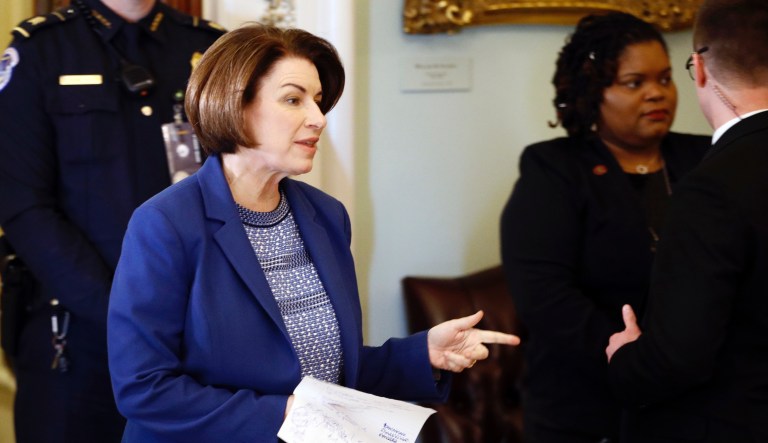 Sen. Amy Klobuchar, D-Minn., speaks during a Democratic presidential primary debate, Friday, Feb. 7, 2020, hosted by ABC News, Apple News, and WMUR-TV at Saint Anselm College in Manchester, N.H.