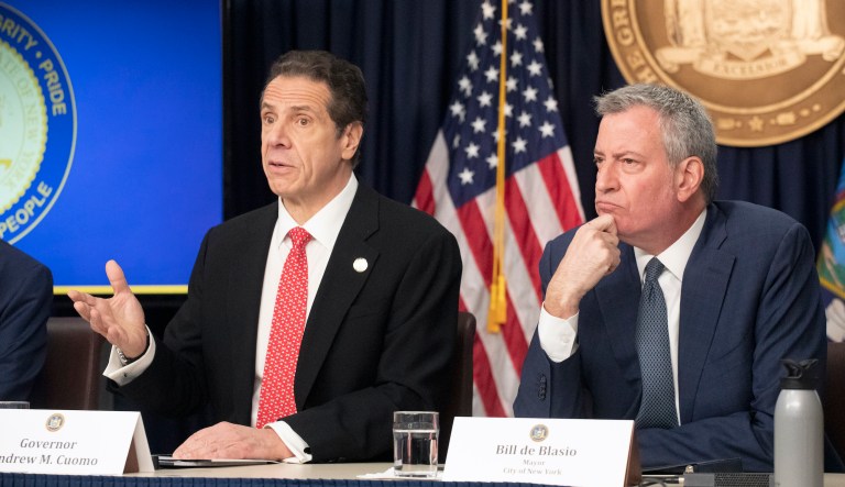 New York Gov. Andrew Cuomo, left, and Mayor Bill de Blasio discuss the state and cityâs preparedness for the spread of coronavirus, Monday, March 2, 2020 in New York.