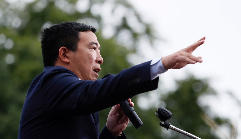 Democratic presidential candidate and entrepreneur Andrew Yang speaks at the Polk County Democrats Steak Fry, Saturday, Sept. 21, 2019, in Des Moines, Iowa.
