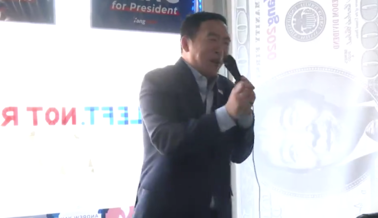 Andrew Yang jokingly tells supporters to drag people ‘knocked unconscious’ to his caucus corner