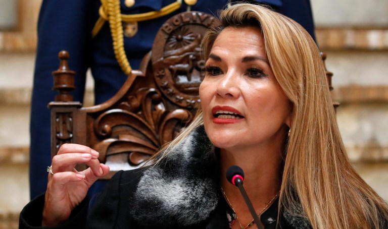 Bolivia's interim President Jeanine Anez looks up during a press conference in La Paz, Bolivia, Friday, Nov. 15, 2019. 