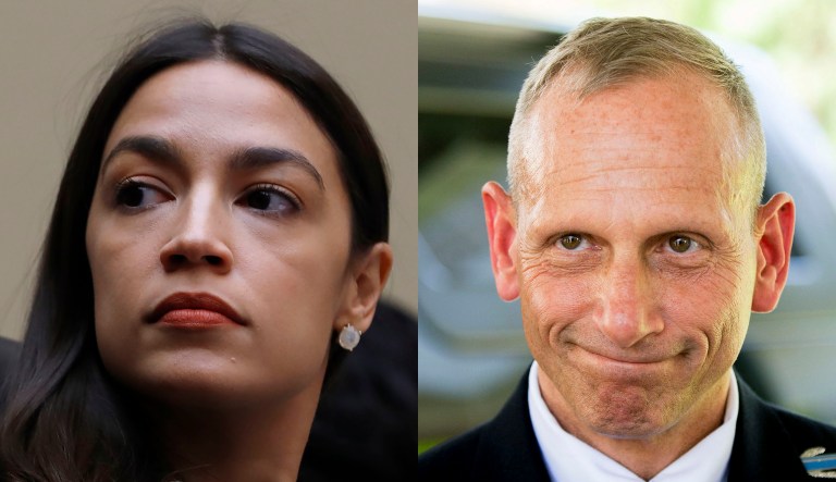 Alexandria Ocasio-Cortez (left) and Donald Bolduc (right) are shown.