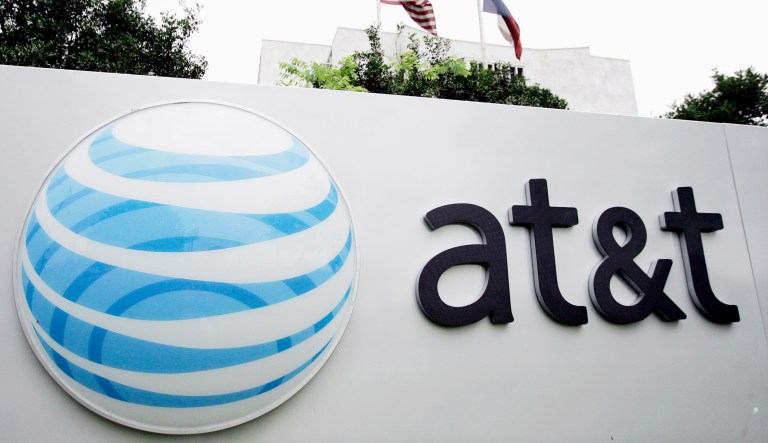 The AT&T logo is seen on one of its buildings in San Antonio.