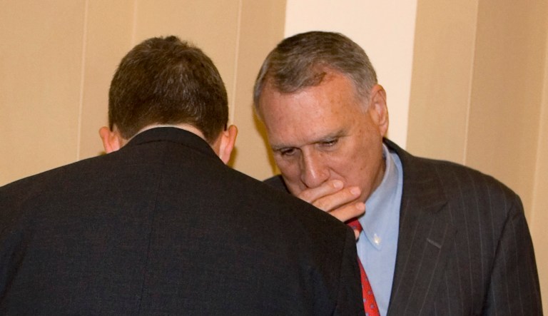 Sen. John Kyl, R-Ariz., talks outside his office in the Capitol on Oct. 1, 2008, in Washington. 