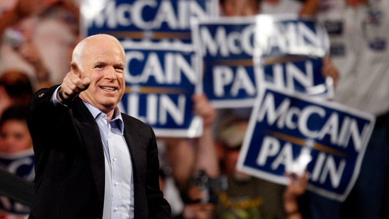 Republican presidential candidate Sen. John McCain, R-Ariz., points to the crowd during a rally in Henderson, Nev.