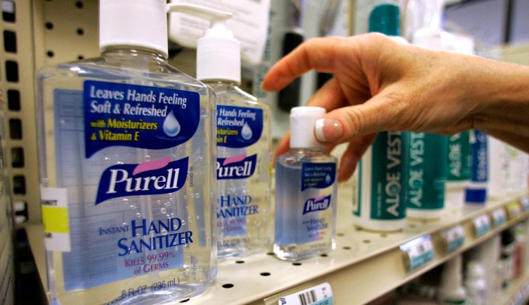 Hand sanitizer is shown at Texas Star Pharmacy in Plano, Texas.