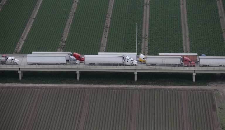 Trucks wait in line on the Pharr International bridge near the Texas-Mexico border, Tuesday, Feb. 24, 2015, in Pharr, Texas.
