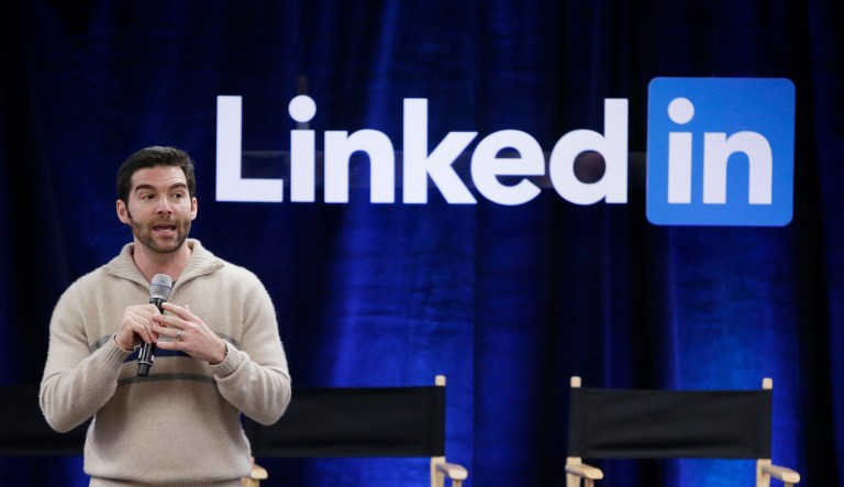 LinkedIn CEO Jeff Weiner speaks at LinkedIn headquarters in Mountain View, Calif.