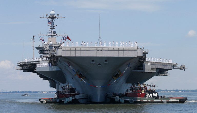 The nuclear powered aircraft carrier Harry S. Truman arrives at Naval Station Norfolk in Norfolk, Va., Wednesday, July 13, 2016, after supporting missions over Iraq and Syria.