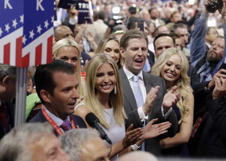 The Trump family is ready to help their father win the presidency again in 2020. Here, Donald Trump, Jr., Ivanka Trump, Lara and Eric Trump and Tiffany Trump celebrate on the convention floor during the second day session of the Republican National Convention in Cleveland, Tuesday, July 19, 2016.
