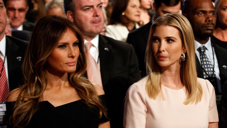 Melania Trump, left, Ivanka Trump, center, wait for the beginning of the first presidential debate, Monday, Sept. 26, 2016, in Hempstead, N.Y. (AP Photo/ Evan Vucci)