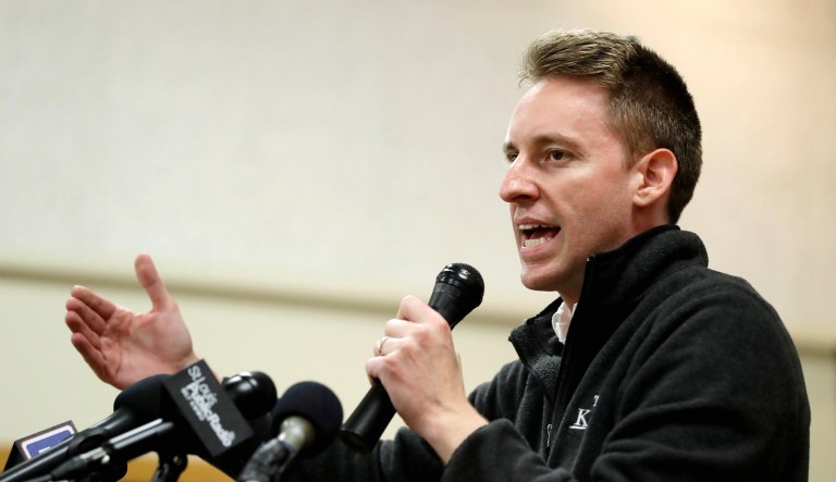 Jason Kander, a Democratic candidate, speaks to supporters in Missouri.