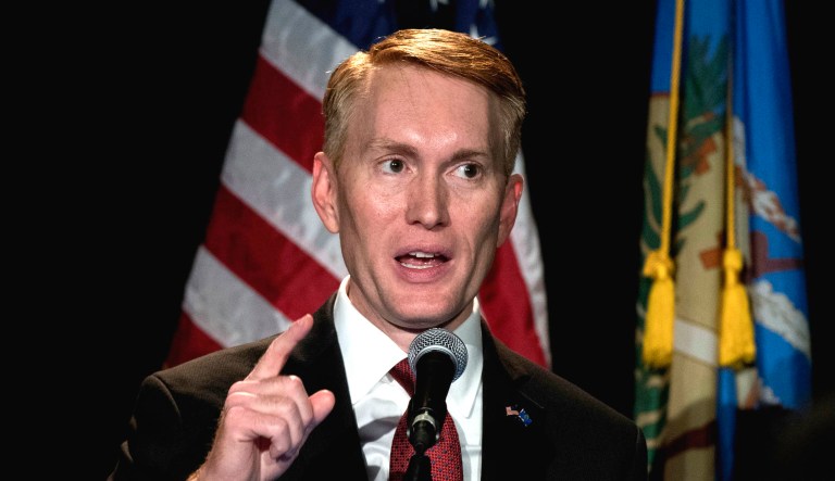 Sen. James Lankford, R-Okla., talks to supporters at an event.