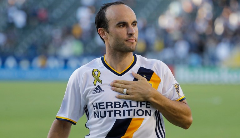 FILE - In this Sept. 11, 2016, file photo, Los Angeles Galaxy's Landon Donovan acknowledges fans after the team's MLS soccer match against Orlando City in Carson, Calif. Donovan says he is not ready to decide whether he will extend his MLS comeback for another season following the Galaxyâs elimination from the playoffs. The Galaxy also had no news Wednesday, Nov. 9, on the career plans of Steven Gerrard and Robbie Keane.
