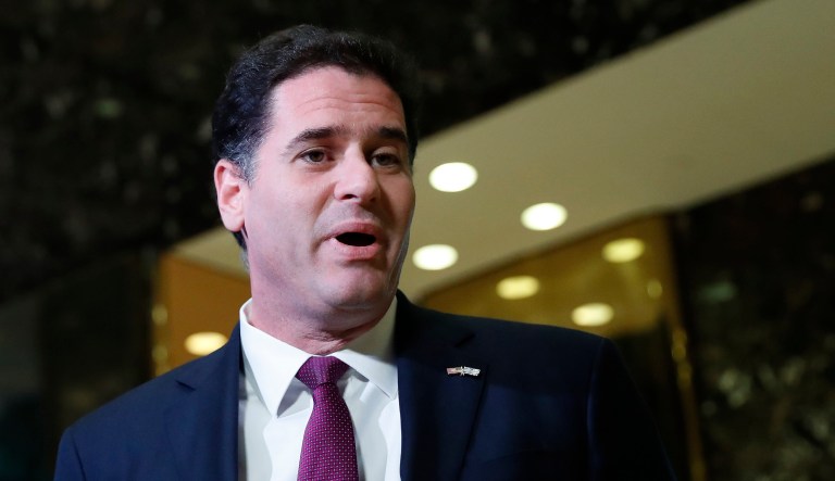 Israeli Ambassador to the U.S. Ron Dermer speaks to media at Trump Tower in New York. 