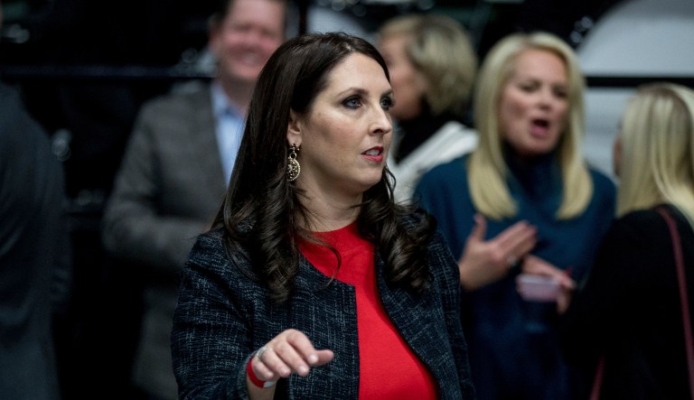 Republican Party Chairwoman Ronna Romney McDaniel arrives at an event in Grand Rapids, Mich.