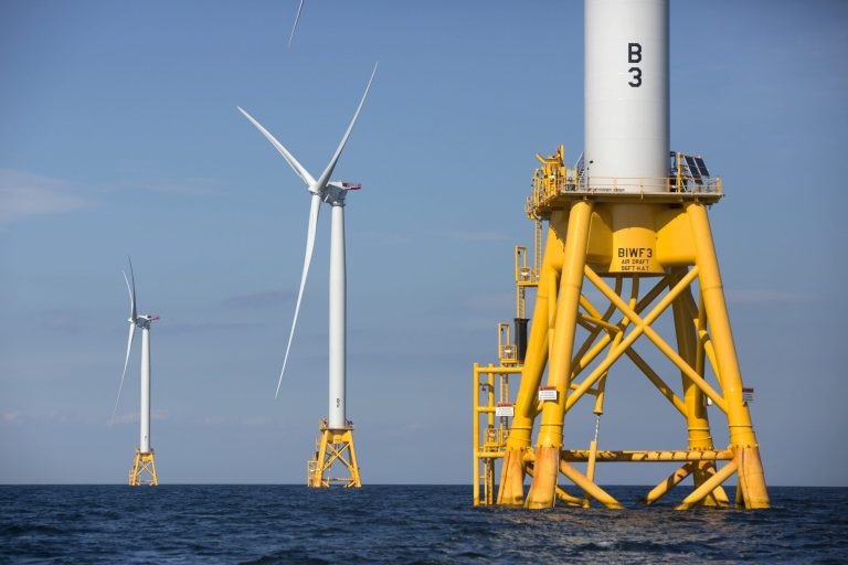 In this 2016 file photo, three of Deepwater Wind's turbines stand in the water off Block Island, R.I.