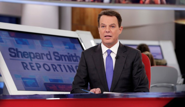 Fox News Channel chief news anchor Shepard Smith broadcasts from The Fox News Deck during his "Shepard Smith Reporting" program, in New York, Monday, Jan. 30, 2017.