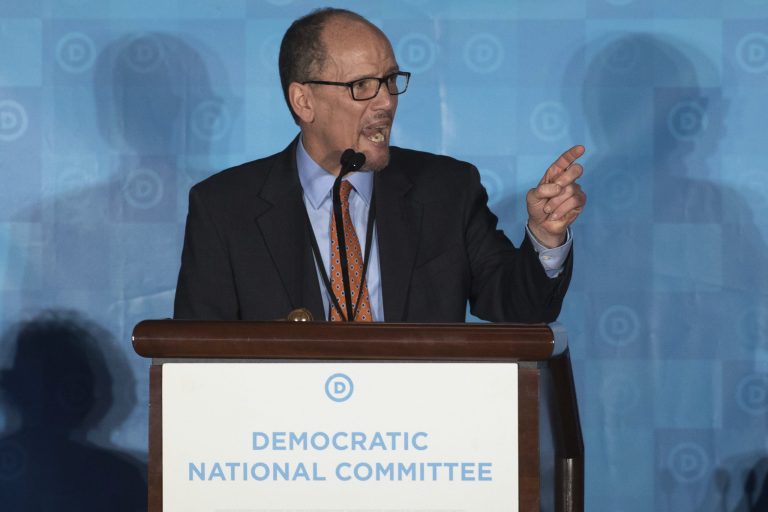 Tom Perez, chairman of the Democratic National Committee, gives a speech.