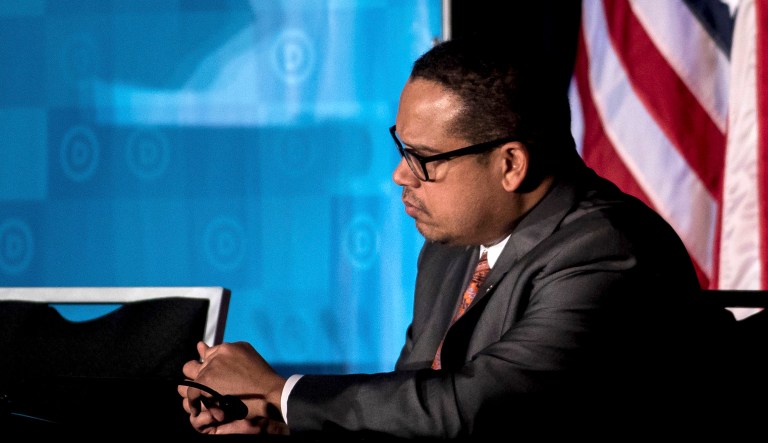 Rep. Keith Ellison, D-Minn, listens to a speech during the general session of the DNC winter meeting in Atlanta on Feb. 25, 2017.