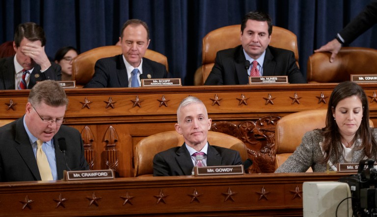 Members of the House Permanent Select Committee on Intelligence participate at a hearing on Capitol Hill in Washington, D.C. From left on bottom row, Rep. Rick Crawford, R-Ark., Rep. Trey Gowdy, R-S.C., Rep. Elise Stefanik, R-N.Y., and from left on top row, Rep. Jim Himes, D-Conn., Rep. Adam Schiff, D-Calif., the ranking member, and Chairman Rep. Devin Nunes, R-Calif.
