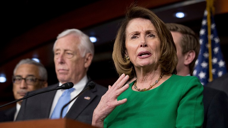 House Minority Leader Nancy Pelosi of Calif., accompanied by Democratic Whip Steny Hoyer, D-Md., second from left, Rep. Bobby Scott, D-Va., left, speaks during a news conference on Capitol Hill.
