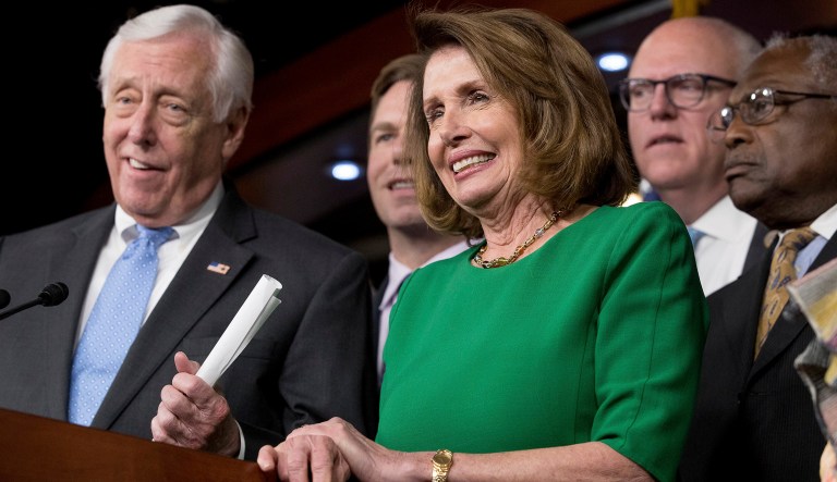 From left, Democratic Whip Steny Hoyer, D-Md., House Minority Leader Nancy Pelosi of Calif., Rep. Joseph Crowley, D-N.Y., and Jim Clyburn, D-S.C. speak at a news conference on Capitol Hill.