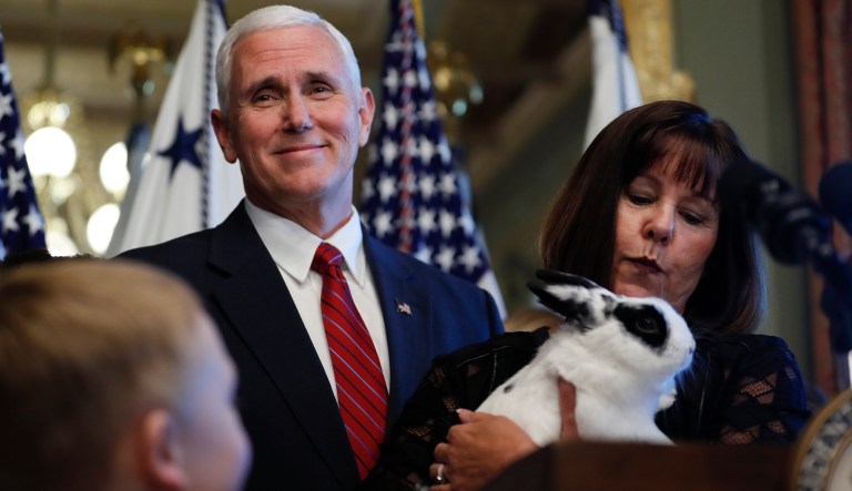 Vice President Mike Pence and his wife, Karen Pence hold their pet rabbit Marlon Bundo during a celebration event recognizing National Military Appreciation Month and National Military Spouse Appreciation Day. (AP Photo/Carolyn Kaster)