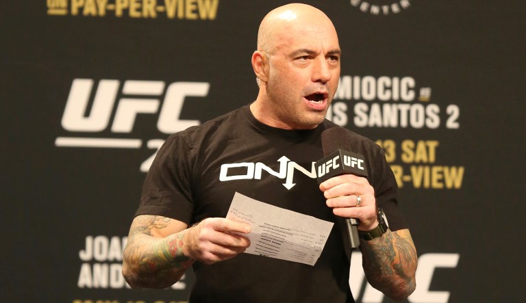 Joe Rogan is seen during a weigh-in before UFC 211 on Friday, May 12, 2017, in Dallas before UFC 211. 