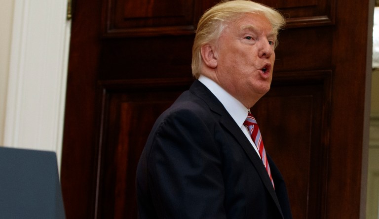 President Donald Trump speaks as he leaves the Roosevelt Room of the White House in Washington, Tuesday, May 16, 2017, following a joint statement with Turkish President Recep Tayyip Erdogan.  