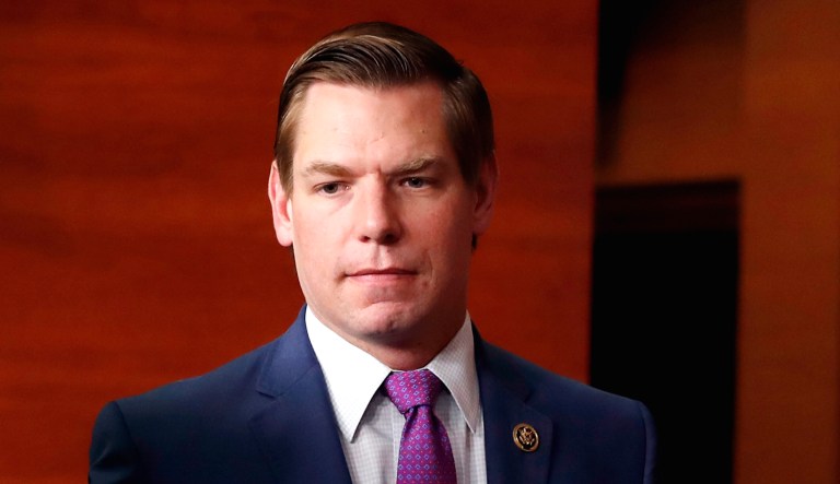 Rep. Eric Swalwell, D-Calif., arrives for a news conference on Capitol Hill in Washington, D.C.