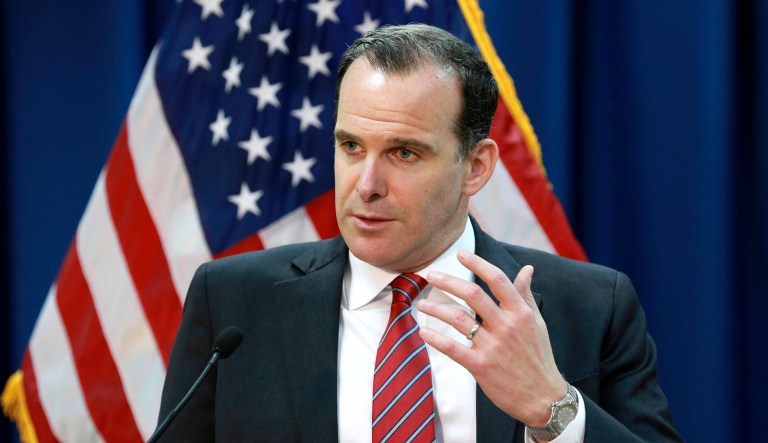 Brett McGurk, the U.S. envoy for the global coalition against the Islamic State, speaks during a press conference at the U.S. Embassy in Baghdad, Iraq.