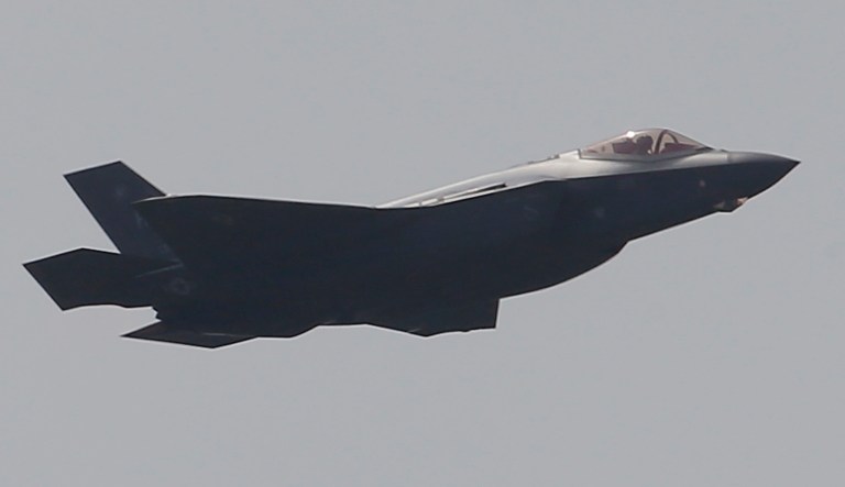 The US Lockheed Martin F-35 Lightning II performs a demonstration flight.