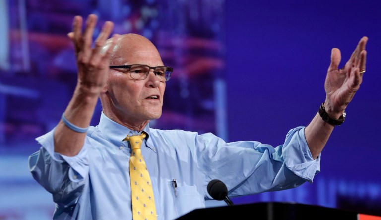 James Carville speaks at an event.