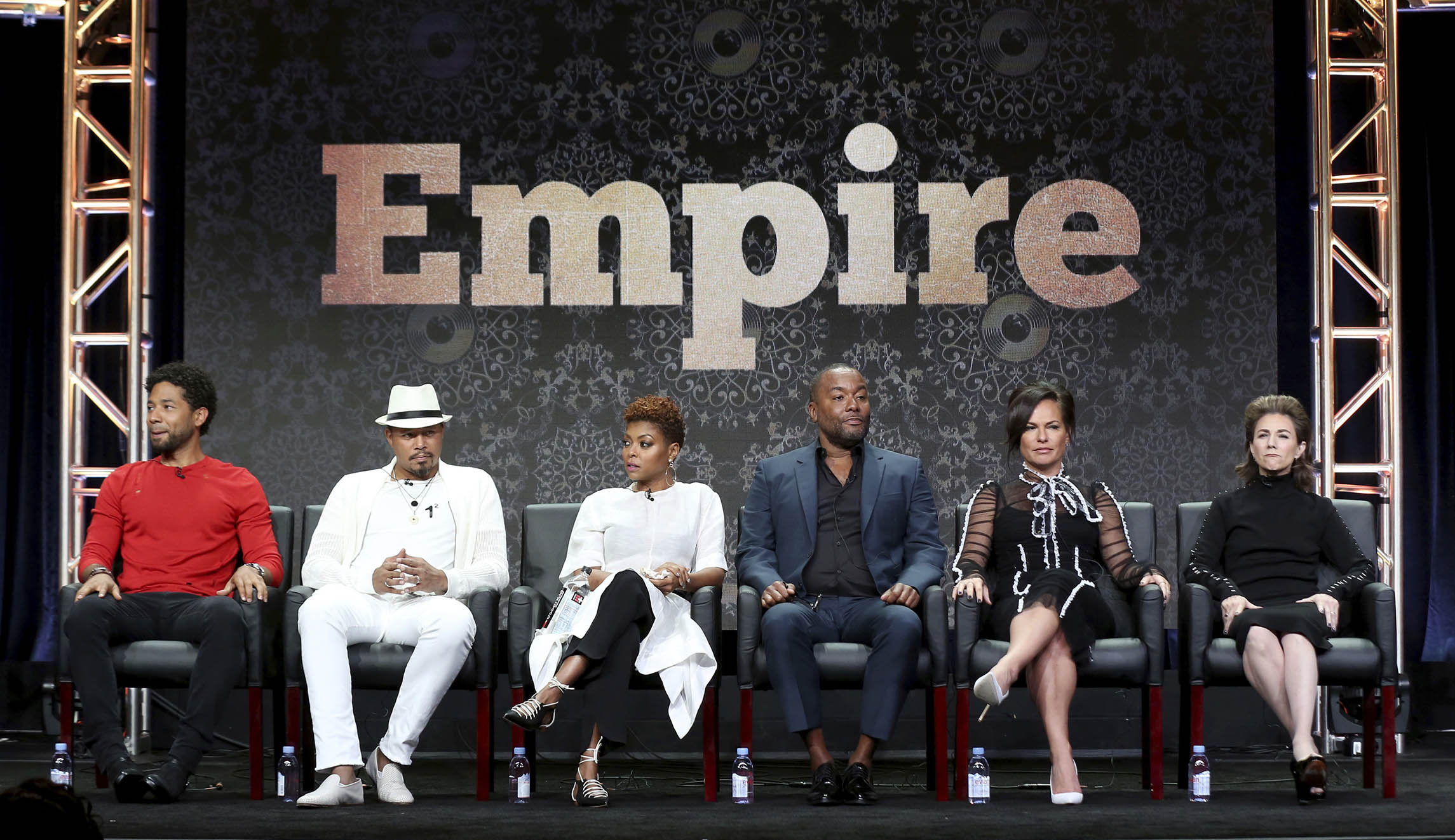 Jussie Smollett, from left, Terrence Howard, Taraji P. Henson, Lee Daniels, Sanaa Hamri and Ilene Chaiken participate in the "Empire" panel during the FOX Television Critics Association Summer Press Tour at the Beverly Hilton on Tuesday, Aug. 8, 2017, in Beverly Hills, Calif.