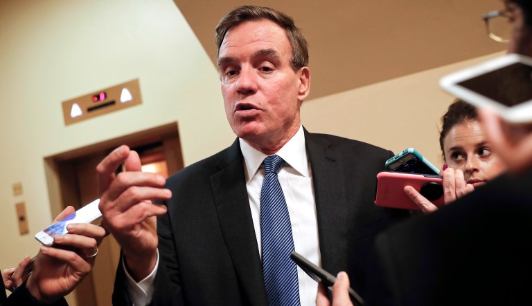 Senate Intelligence Committee Vice Chairman Sen. Mark Warner, D-Va., speaks with reporters on Capitol Hill in Washington, D.C.