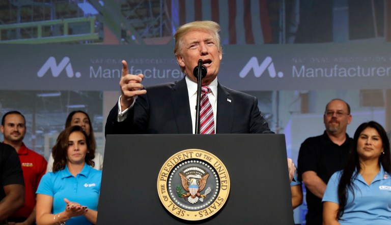 President Trump speaks to the National Association of Manufacturers in Washington.