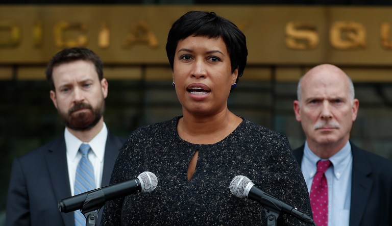 District of Columbia Mayor Muriel Bowser appears at a press conference.